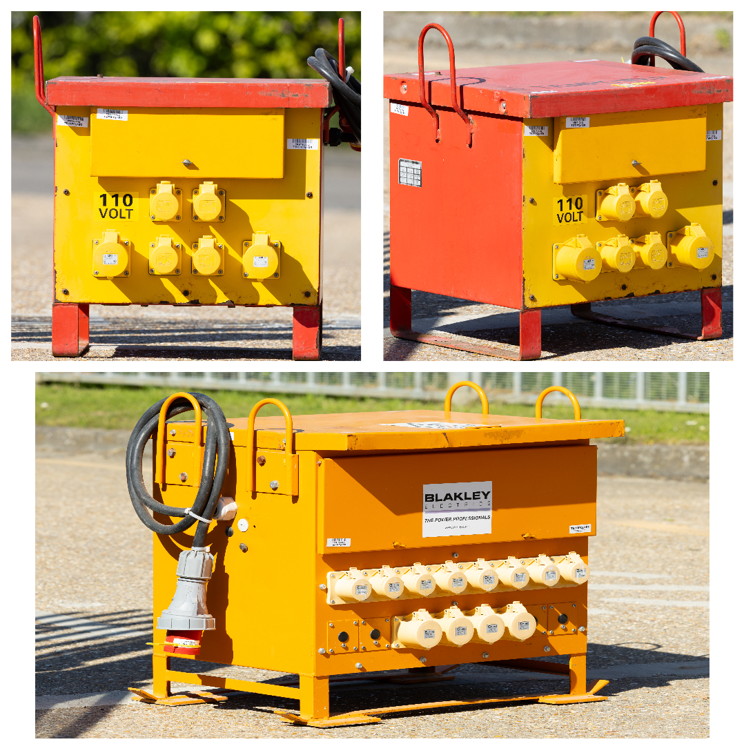 Three views of yellow and red portable electrical power distribution boxes labeled “110 volt,” with multiple sockets and attached cables, placed outdoors on a paved surface.