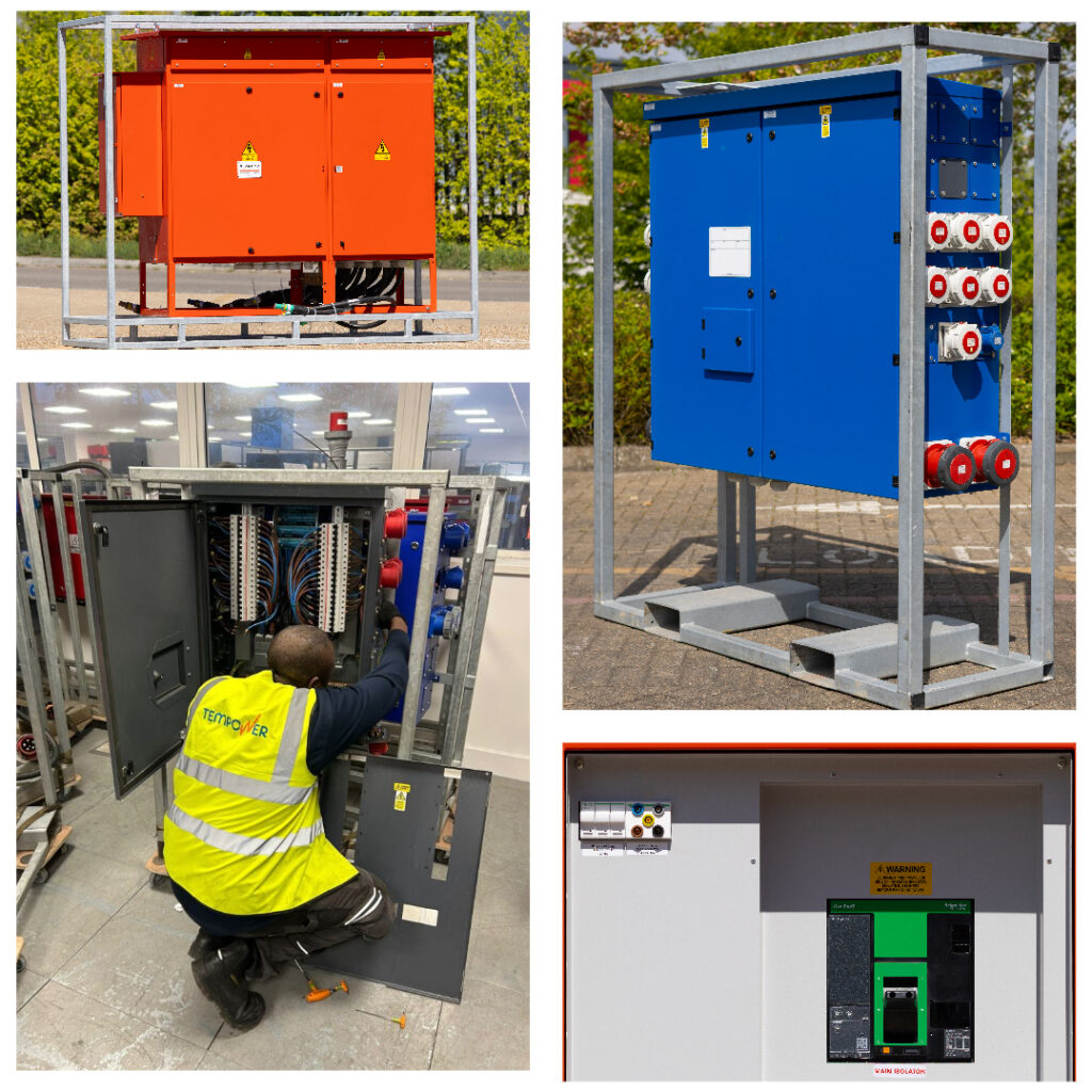 Collage showing industrial electrical cabinets, one red and one blue, with sockets and wiring; a technician in a high-visibility vest works on an open cabinet.