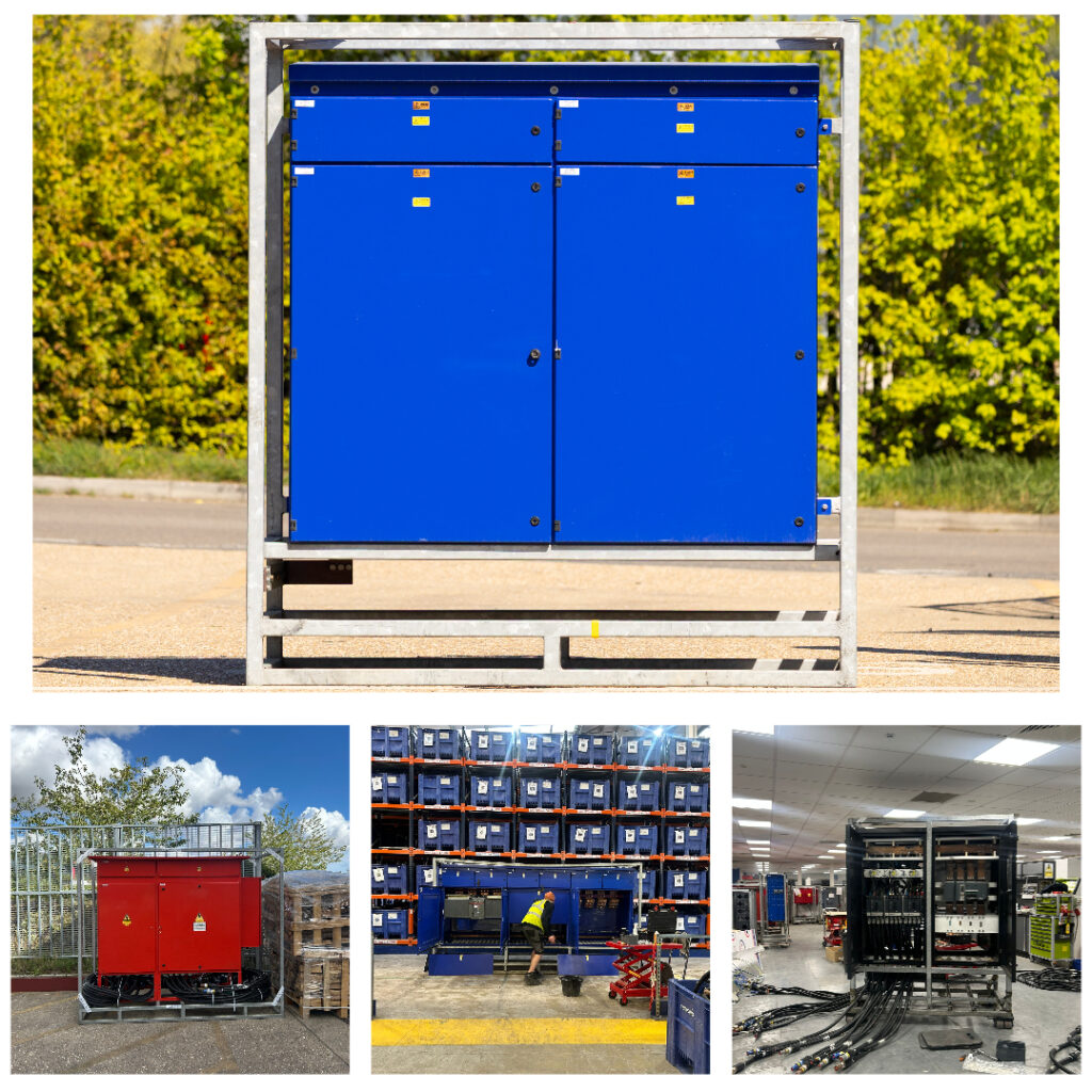A collage showing blue and red industrial electrical cabinets in outdoor and indoor settings, with one image showing a worker and another showing open cabinet wiring.