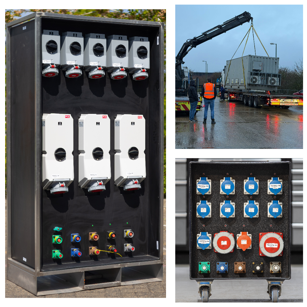 Collage showing an electrical distribution panel, two people overseeing a large generator being unloaded by crane, and a close-up of a panel with multiple labeled power outlets.