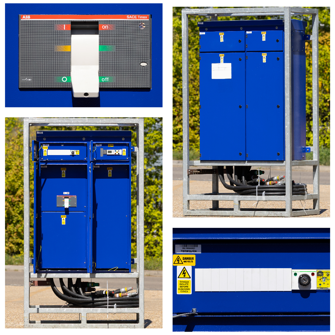 Collage of a blue electrical power distribution box outdoors, showing control panels, warning labels, cables, and a status indicator.