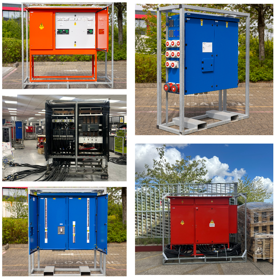 Collage of five photos showing various industrial electrical control panels and power distribution units housed in metal frames in indoor and outdoor settings.